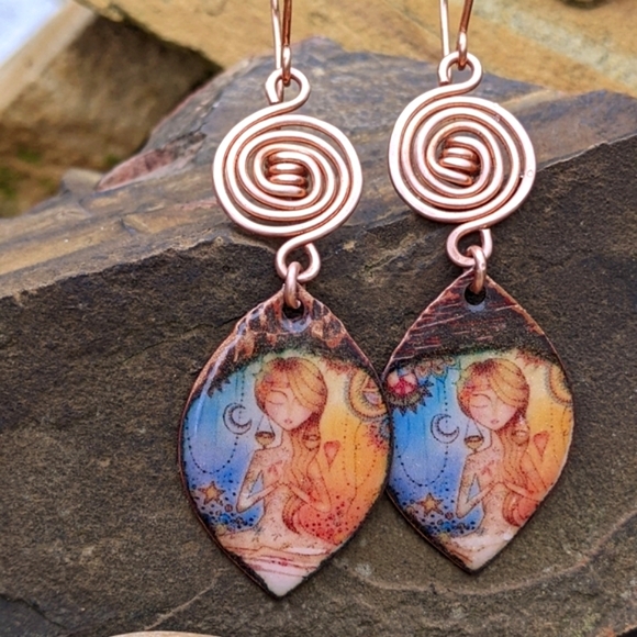 Artisan Earrings Handmade Spiralled Copper With Vintage Enameled Copper Charms - Picture 1 of 13